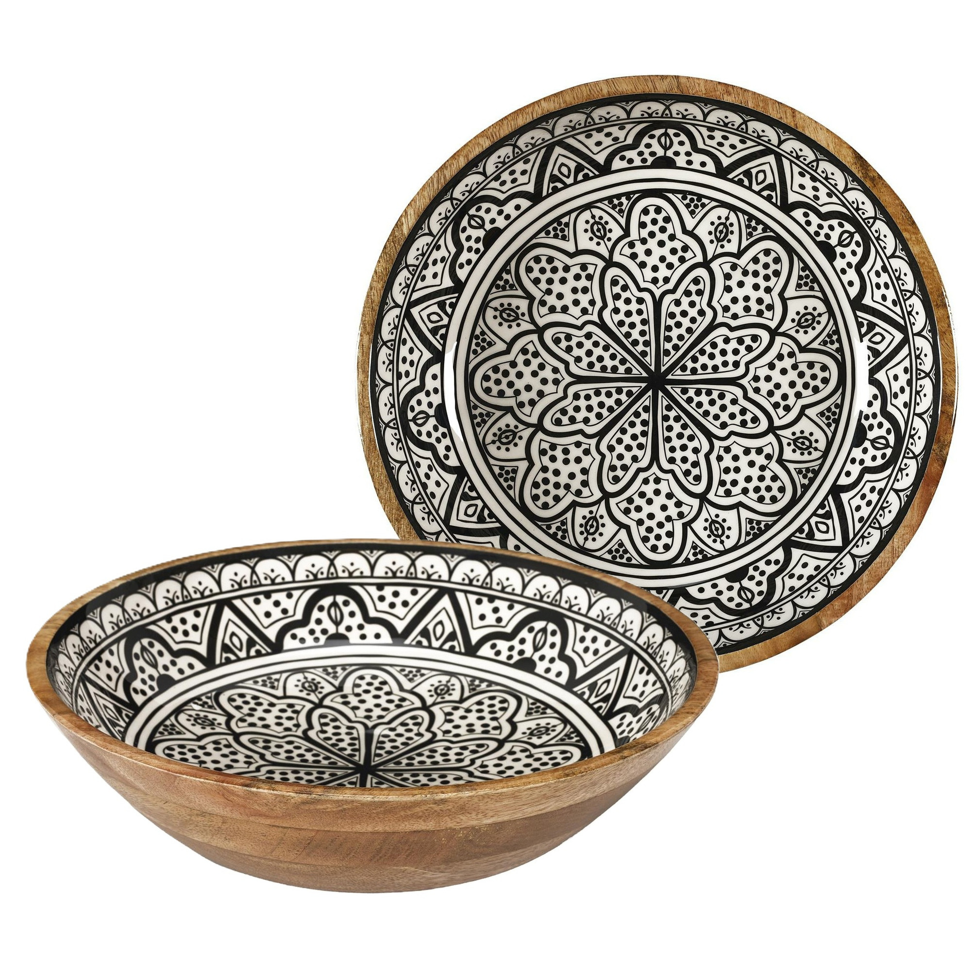 Home Deco Factory Salade serveer schaal - 2x - Fruitschaal/fruitmand - mango hout - D33 x H8 cm - bruin/print -