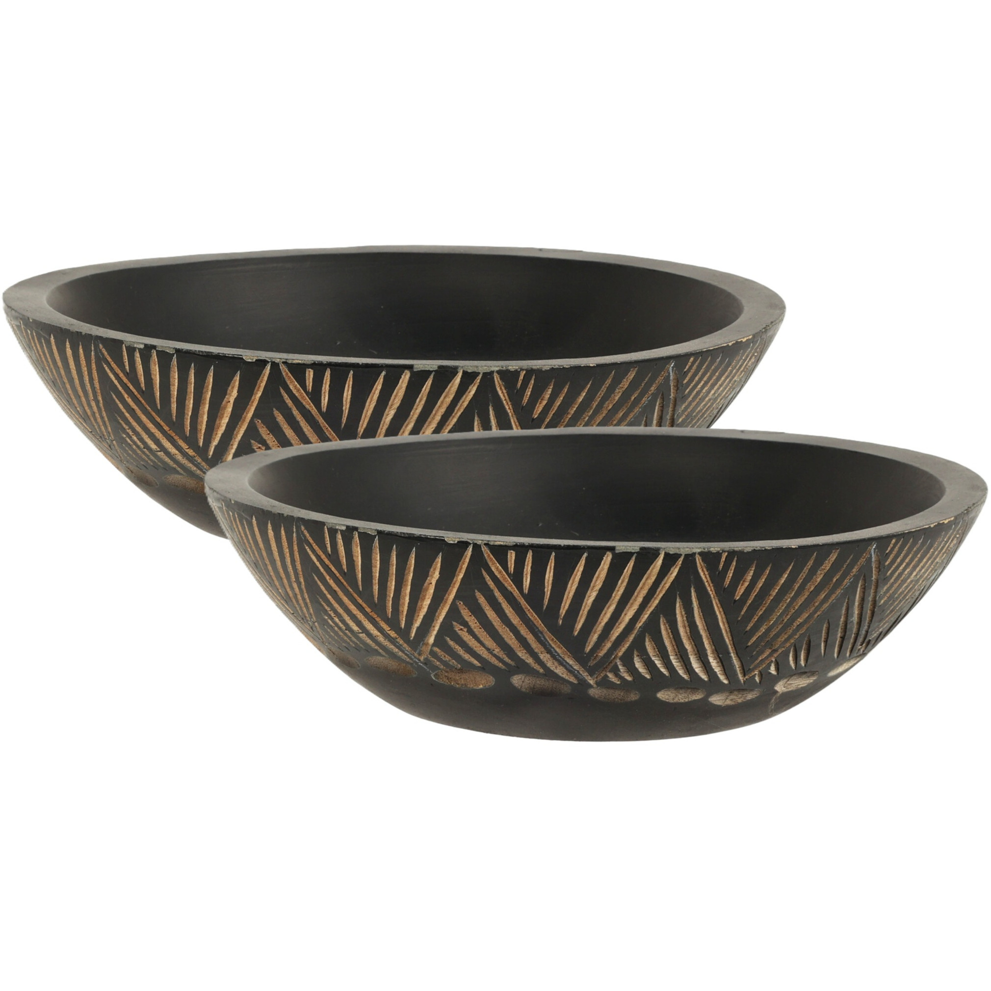 Merkloos Fruitschaal/fruitmand - 2x - serveer schaal - mango hout - D24 x H7 cm - broodmand - zwart -