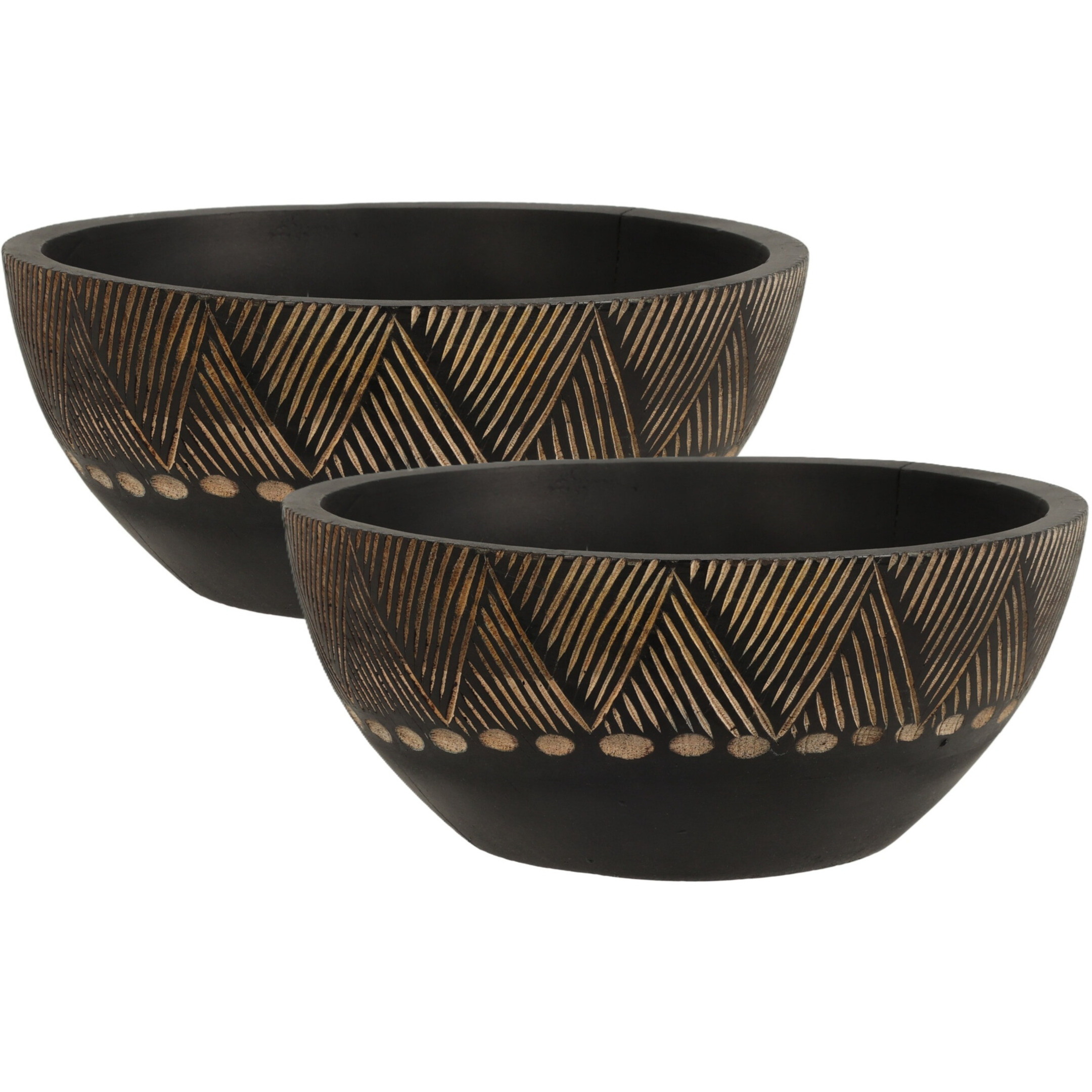 Merkloos Fruitschaal/fruitmand - 2x - serveer schaal - mango hout - D25 x H10 cm - broodmand - zwart -