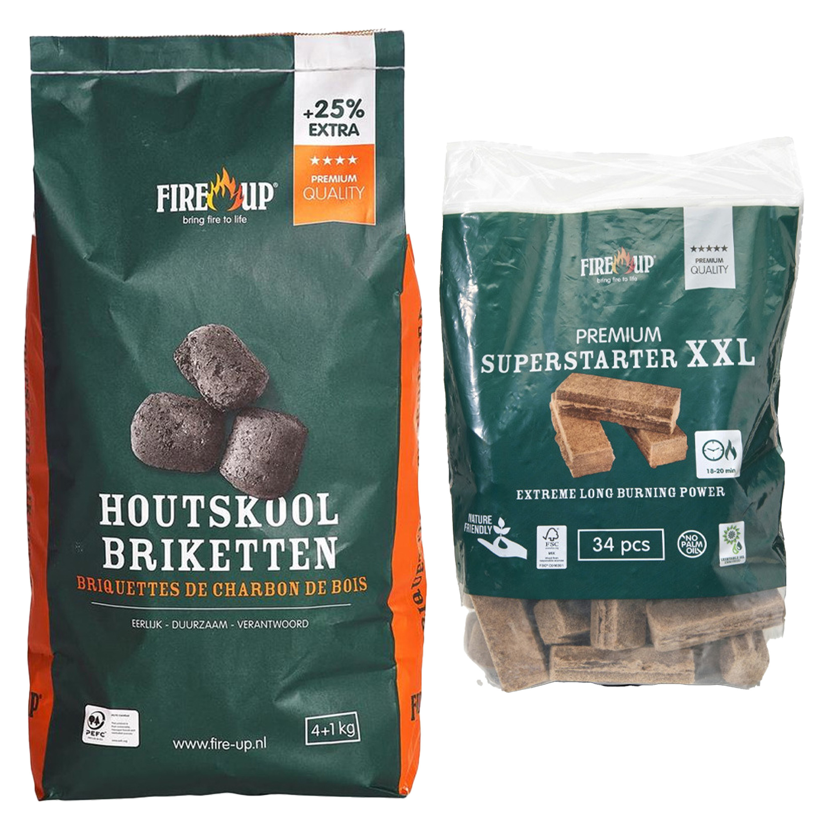 Fire up BBQ starterspakket - houtskool briketten 5 kilo - barbecue superstarter aanmaakblokjes 34x -