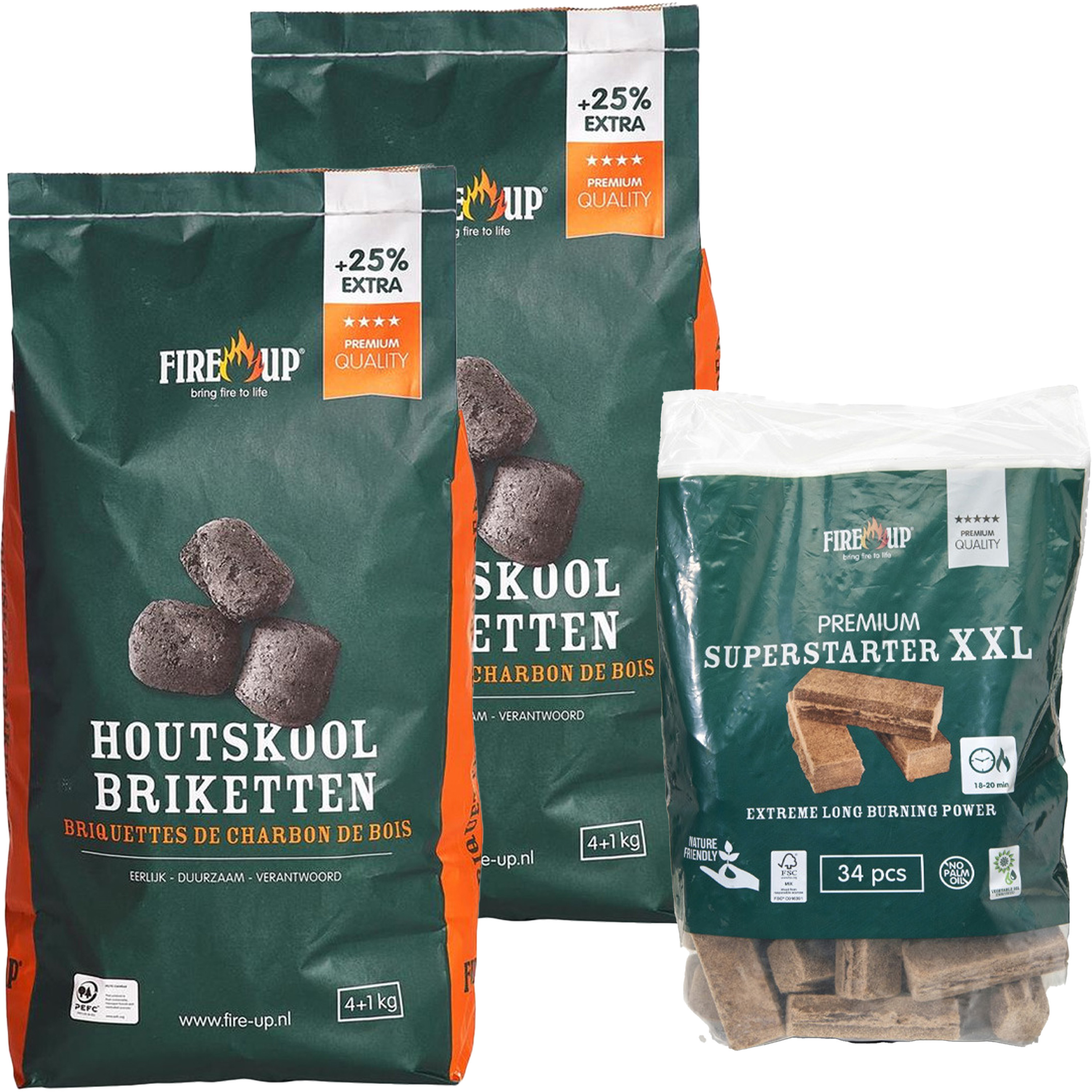 Fire up BBQ starterspakket - houtskool briketten 10 kilo - barbecue superstarter aanmaakblokjes 34x -