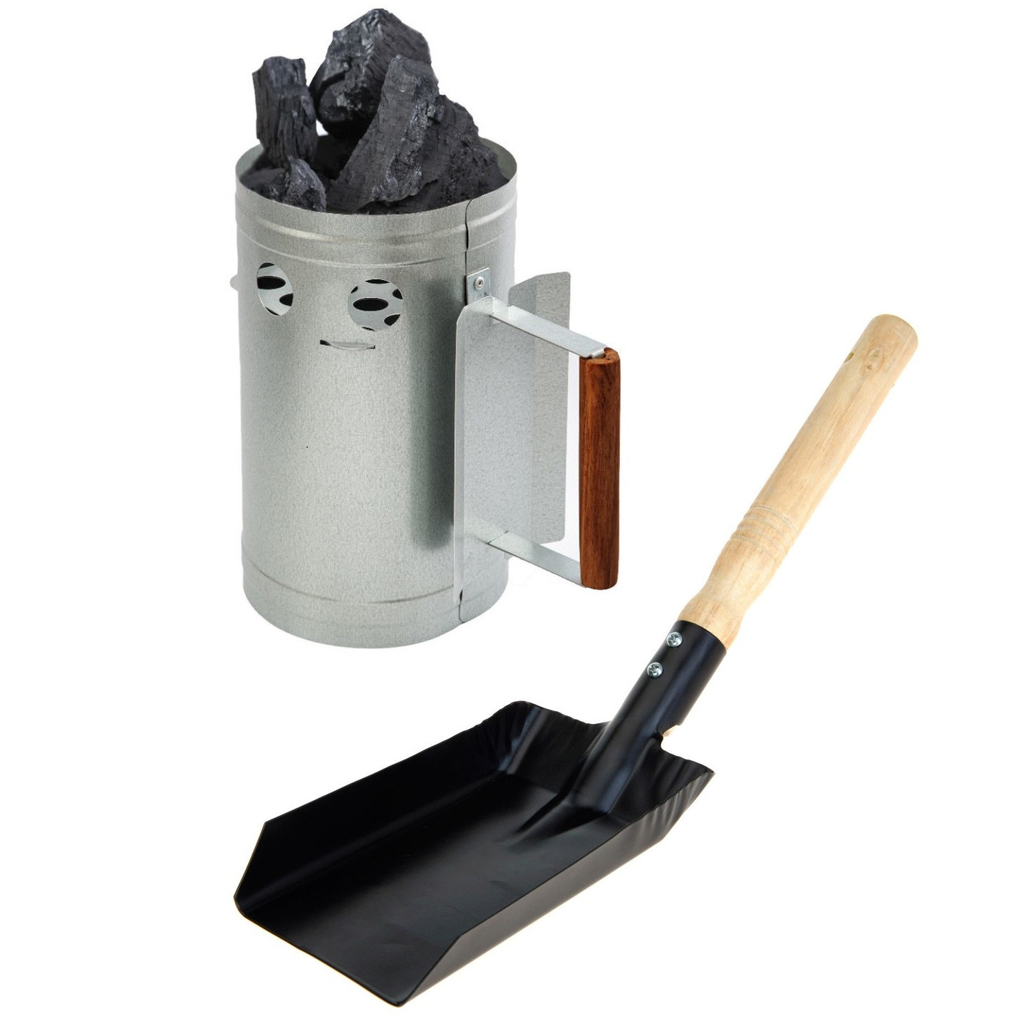 Merkloos BBQ briketten/houtskool starter met houten handvat 27 cm en een kolenschep -
