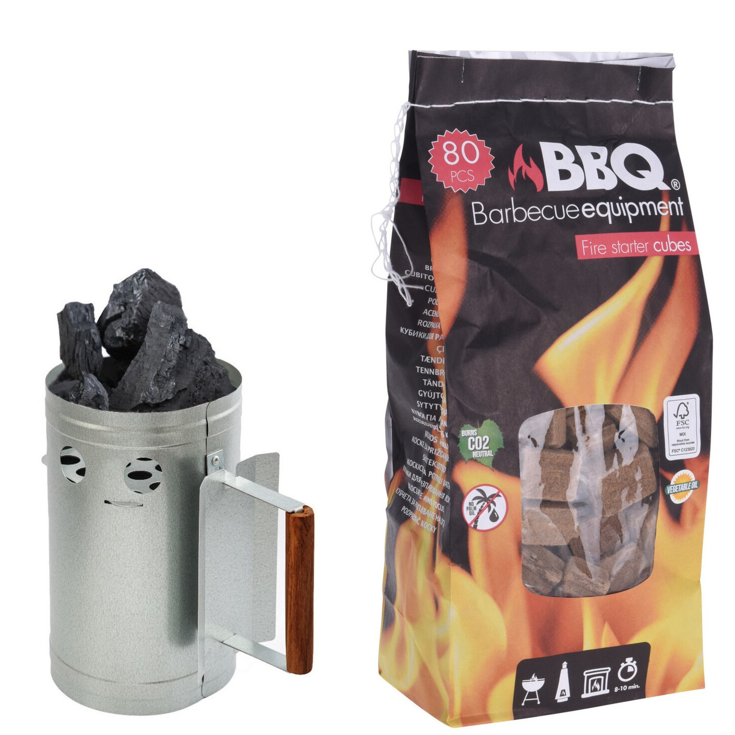 Merkloos BBQ briketten/houtskool starter met houten handvat 27 cm met 80x BBQ aanmaakblokjes -