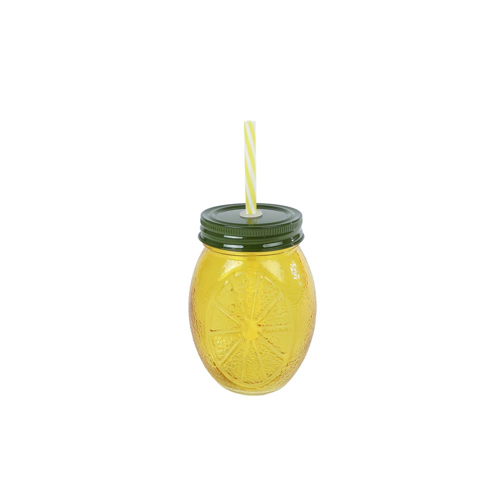 Merkloos Lemon Drinkglas Met Rietje 10,5x10,5x12,5cm Citrus