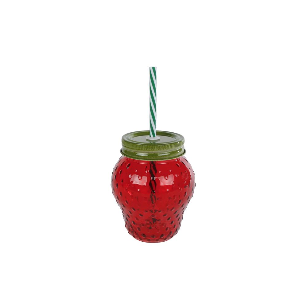Merkloos Aardbei Drinkglas Met Rietje 10,5x10,5x12,5cm Aardbei