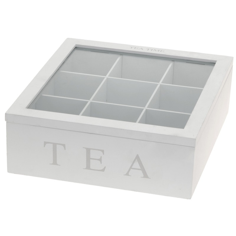 Merkloos Witte houten theedoos - 9-vaks - 23 x 23 x 8 cm - Theedozen/theekisten -