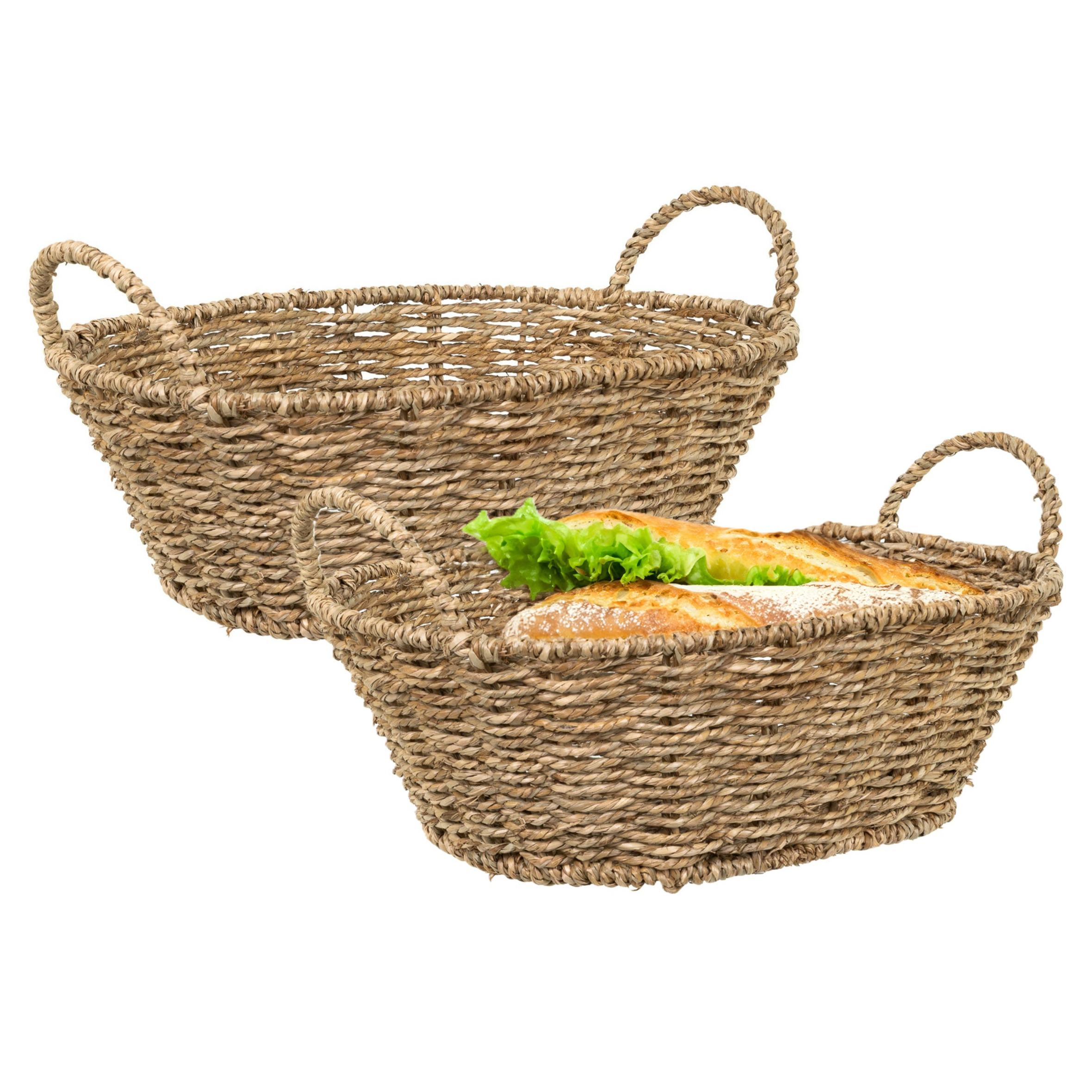 HI Opbergmandje/broodmandje - 2x - gevlochten riet - naturel kleur - 32 x 23 x 10 cm -