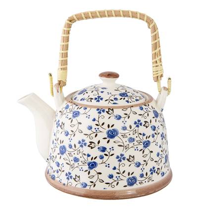 Clayre & Eef Theepot met Filter 700 ml Blauw Keramiek Rond Bloemen