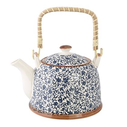 Clayre & Eef Theepot met Filter 700 ml Blauw Keramiek Rond Bloemen
