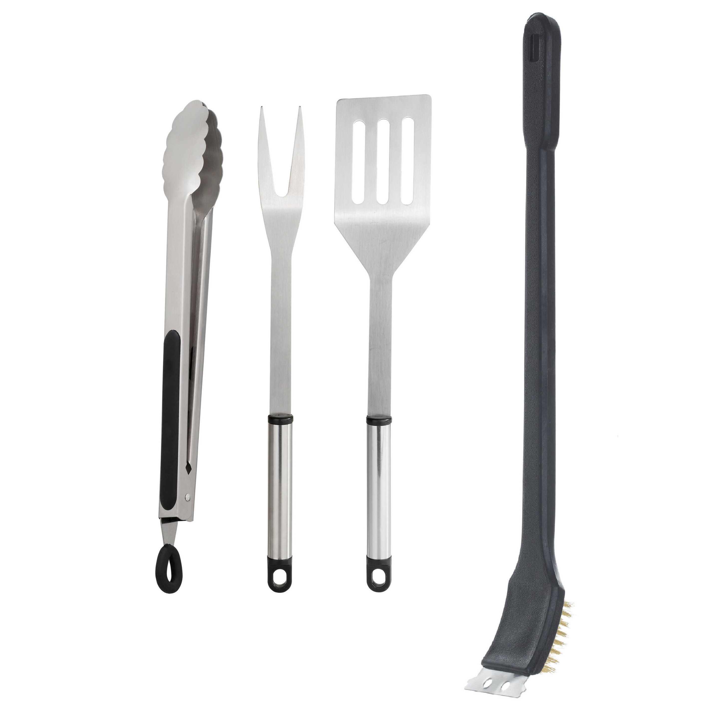 Merkloos BBQ/barbecue gereedschap set 4-delig RVS inclusief schoonmaakborstel -