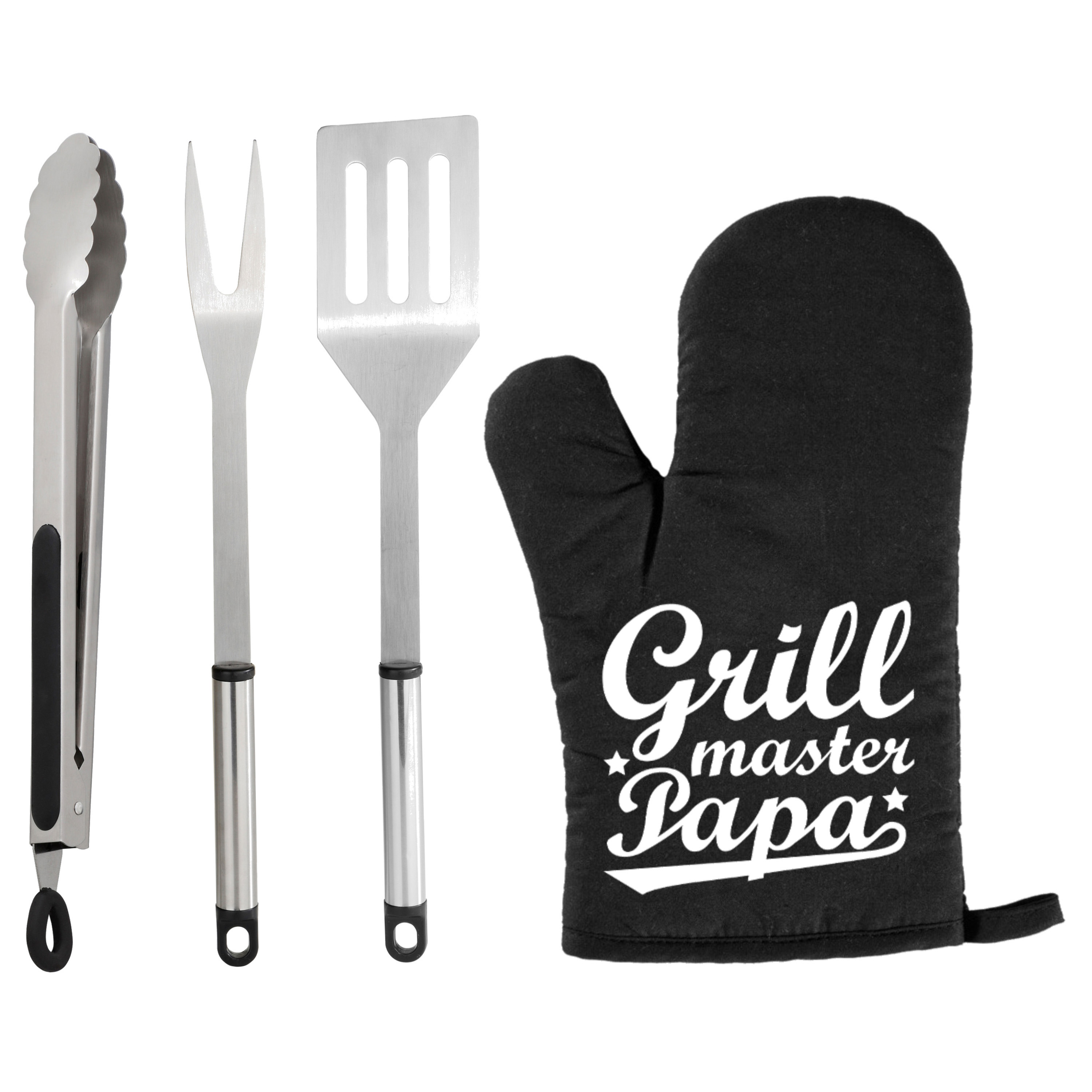 Merkloos BBQ/barbecue gereedschap set 3-delig RVS met BBQ handschoen Grillmaster papa -