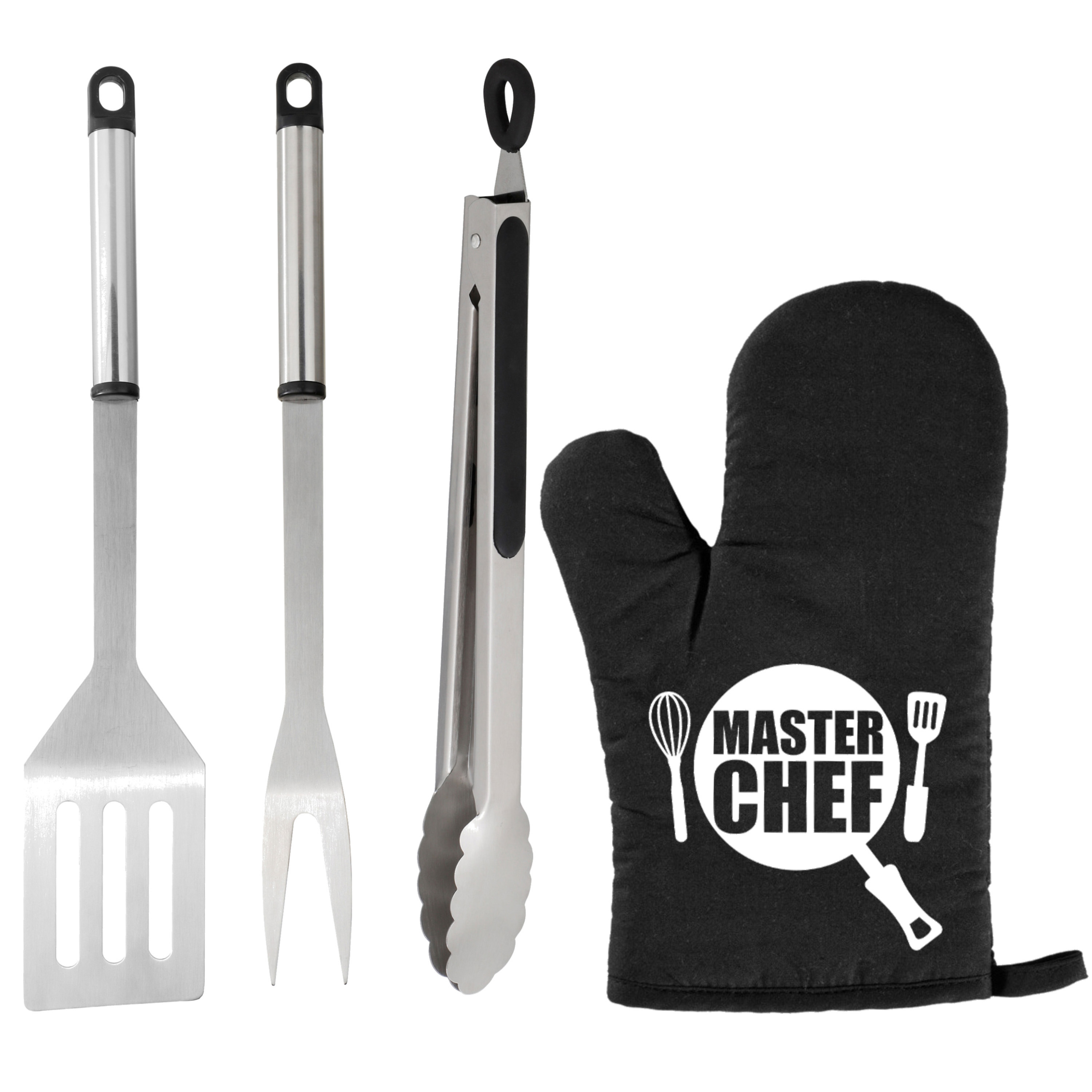 Merkloos BBQ/barbecue gereedschap set 3-delig RVS met BBQ handschoen Masterchef -