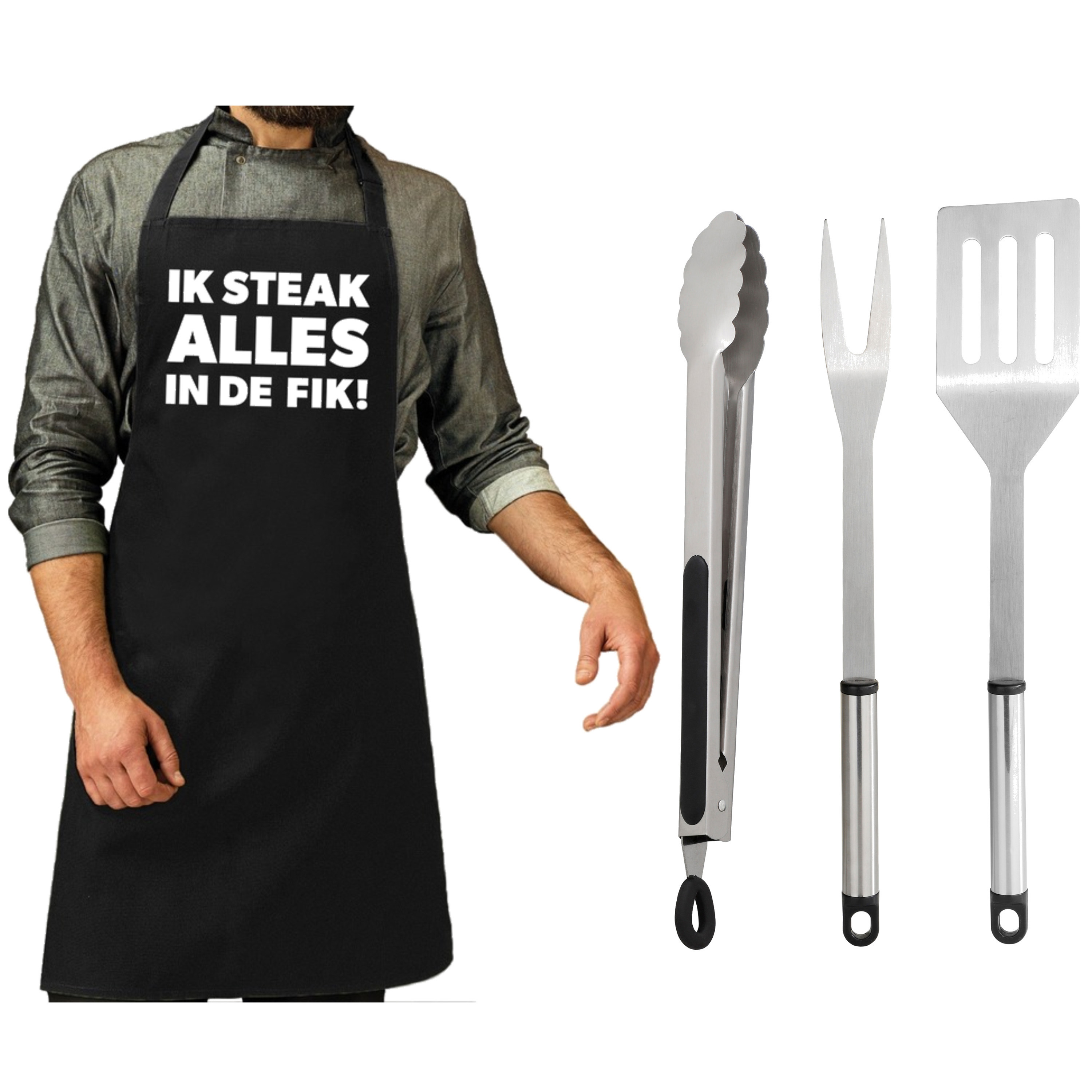 Merkloos BBQ/barbecue gereedschap set 3-delig RVS met zwart schort Ik steak alles in de fik! -