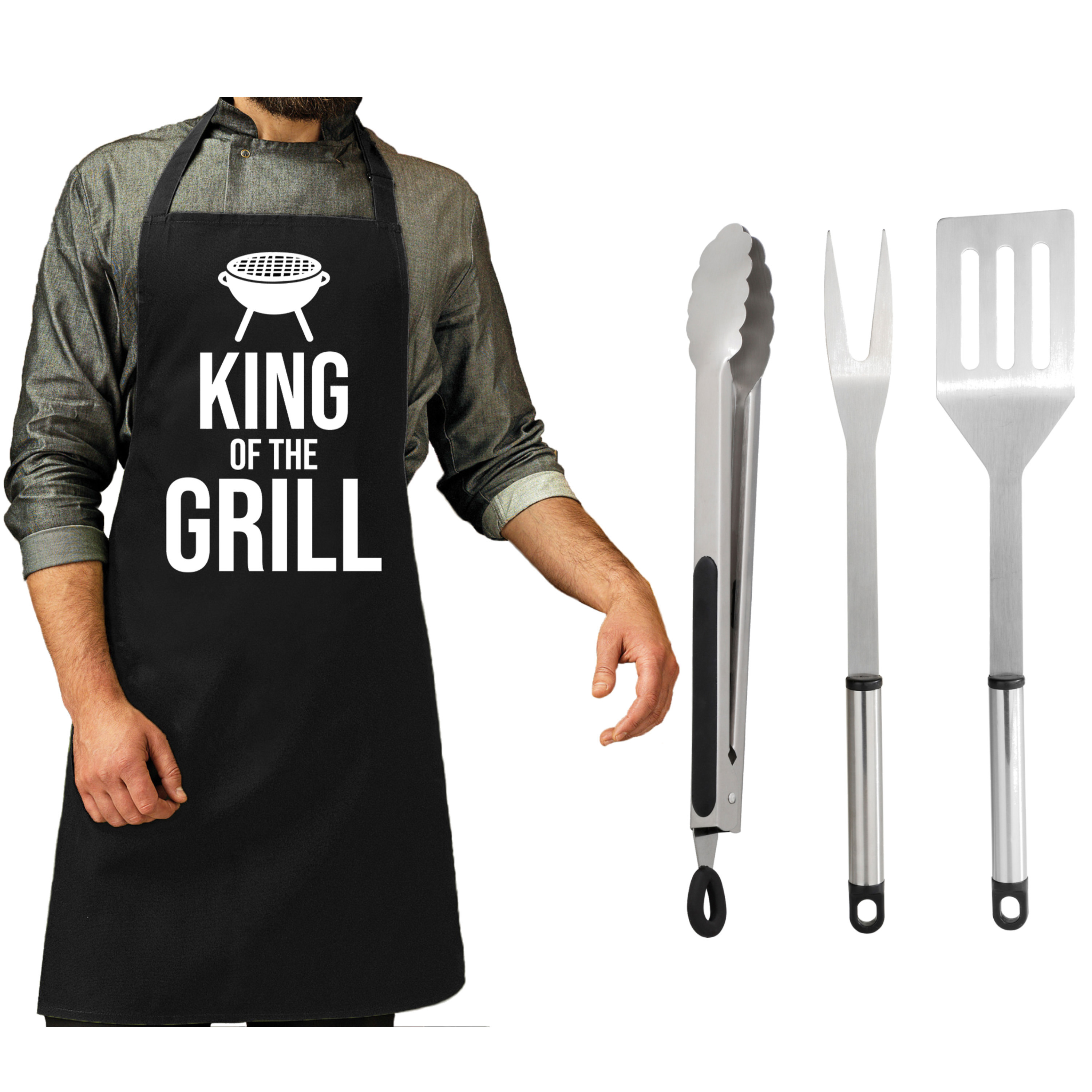 Merkloos BBQ/barbecue gereedschap set 3-delig RVS met zwart schort King of the grill -