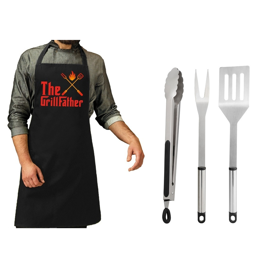 Merkloos BBQ/barbecue gereedschap set 3-delig RVS met zwart schort The GrillFather -