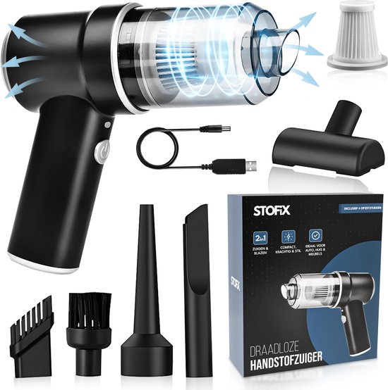 Stofix Draadloze Auto Stofzuiger – 9000Pa Zuigkracht – Nat & Droog – Mini Kruimeldief – Met Blaasfu