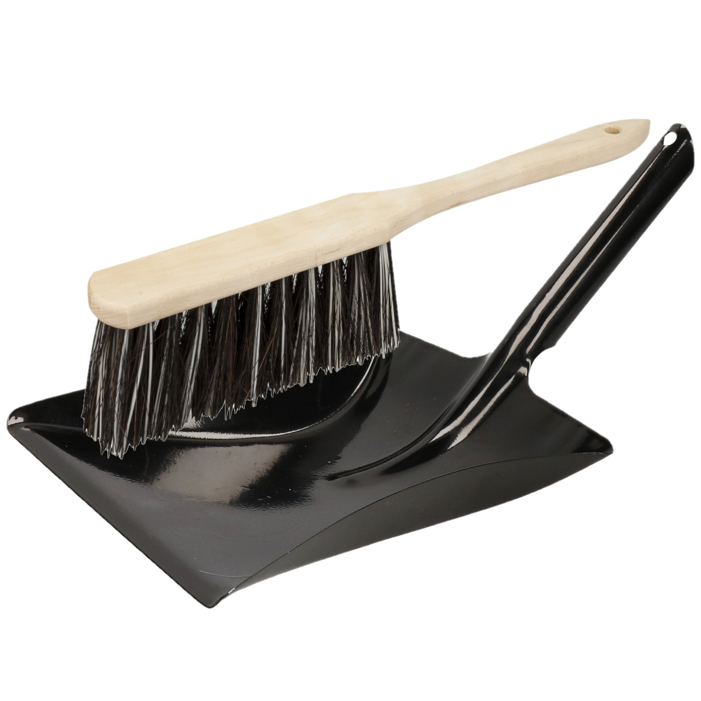 Shoppartners Stoffer en blik zwart van metaal/hout/Arenga haren voor binnen -