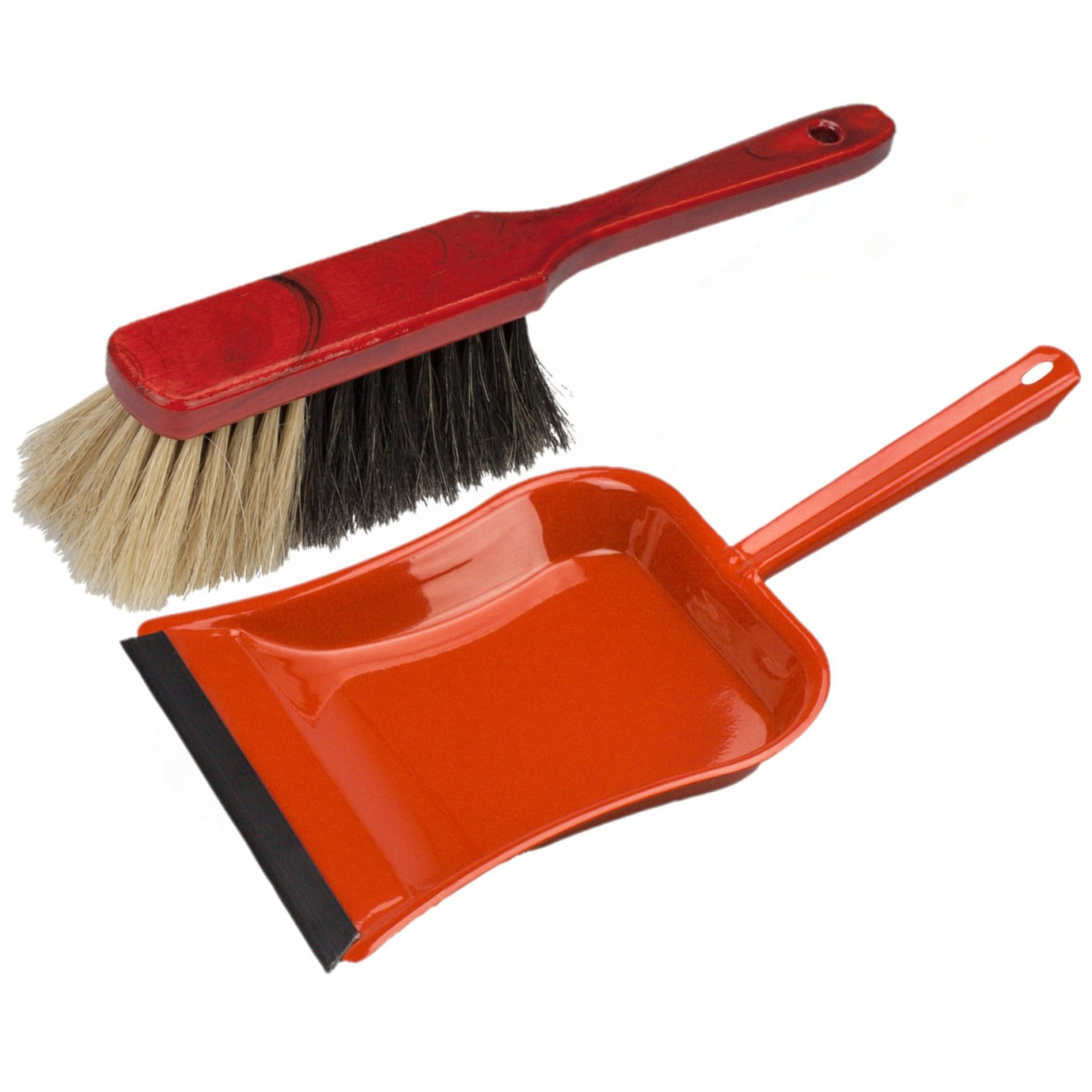 Buemag Stoffer en blik rood van metaal/gelakt mahonie hout met lip voor binnen -