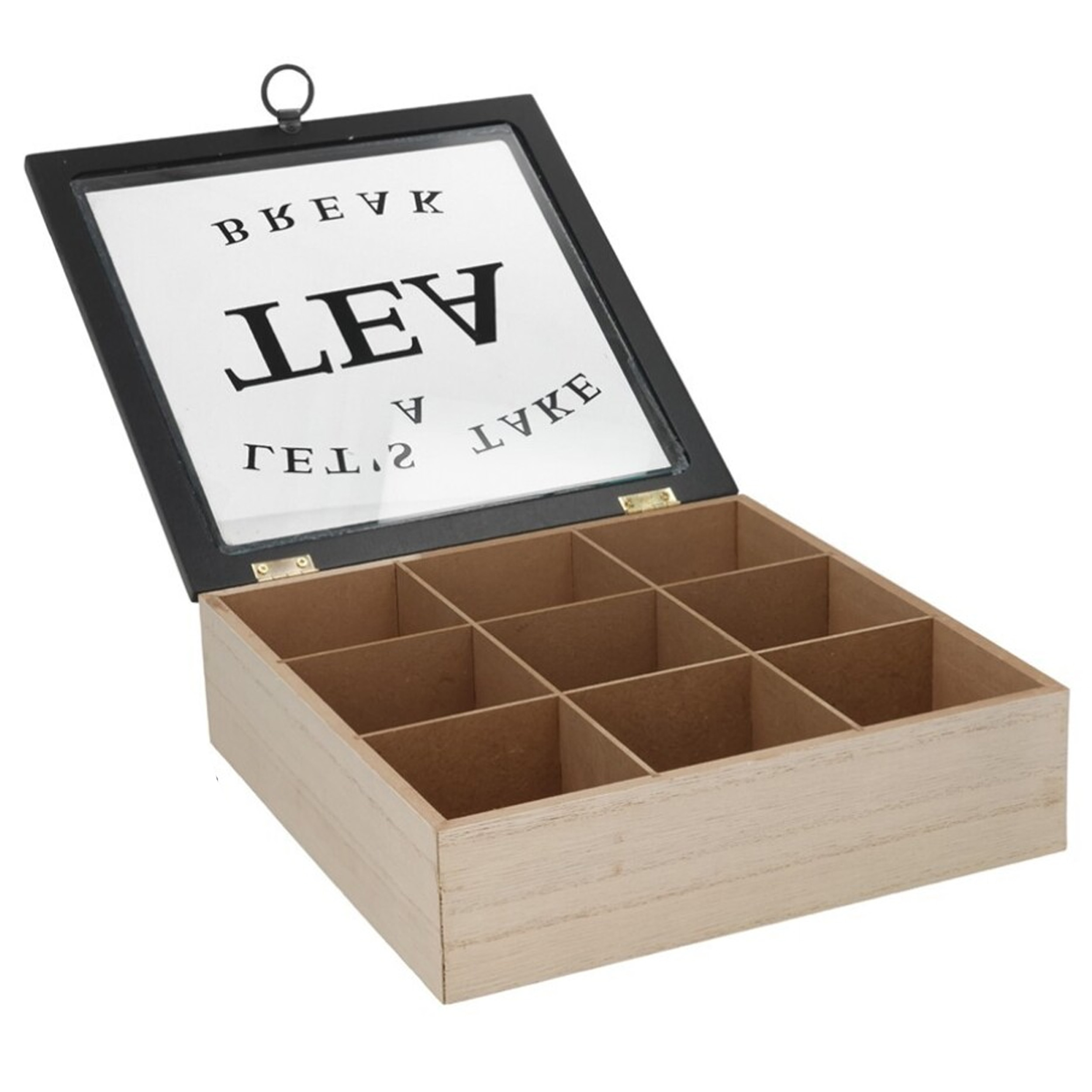 Gerimport Theedoos - bruin/zwart - 9-vaks - hout - 24 x 24 x 7 - met deksel -
