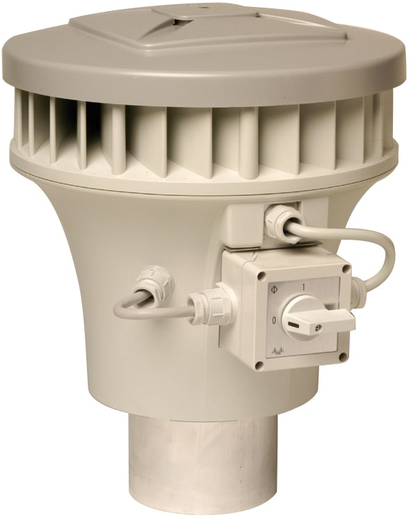ZEHNDER KPM 19/24 pijpventilator paddenstoel, kunststof/aluminium Al99.5, 230V, 50Hz, 0,053kW, Qmax 0,424kW/(m℃/s), 0,23A, snoer