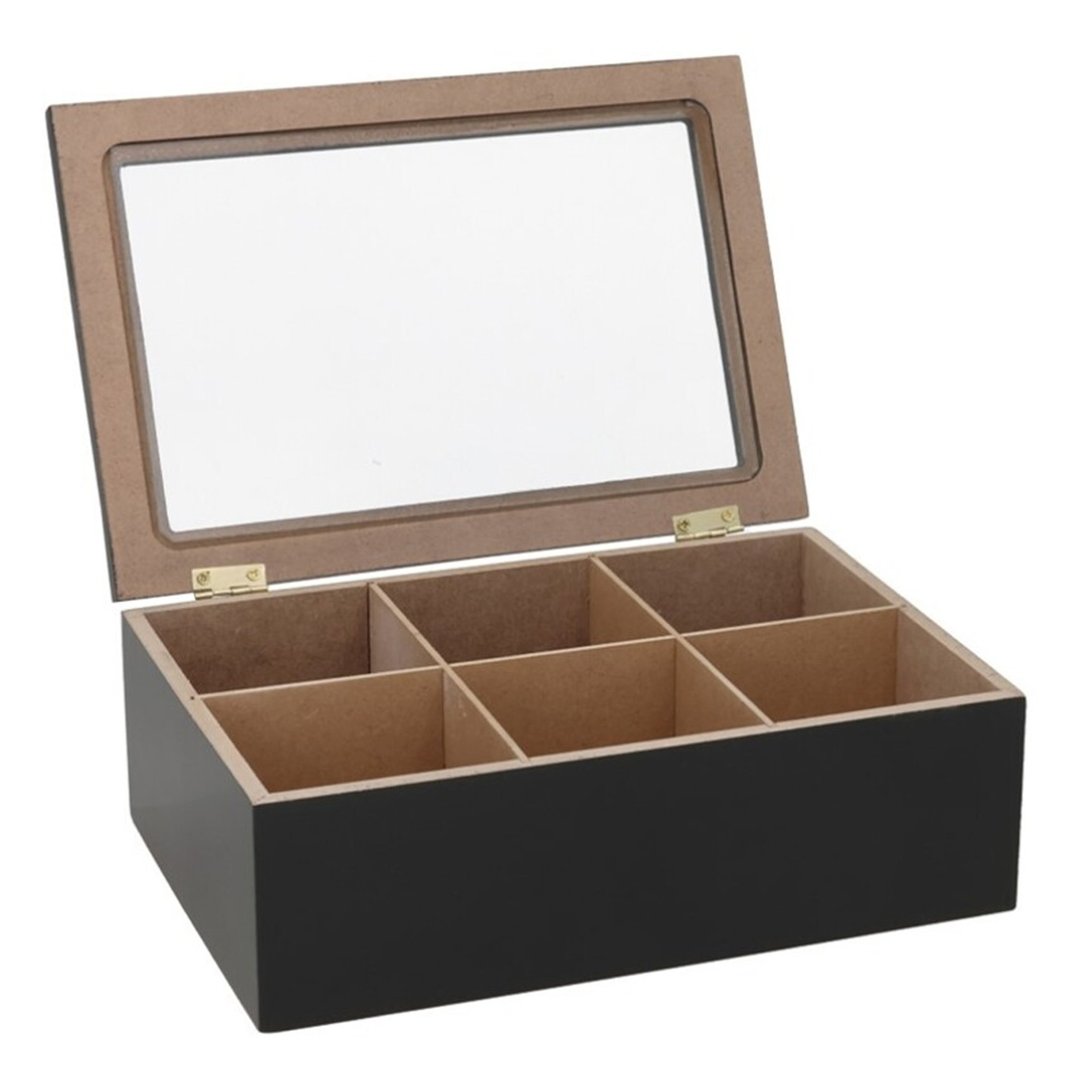 Gerimport Theedoos - zwart - 6-vaks - hout - 16 x 24 x 8 cm - met deksel -