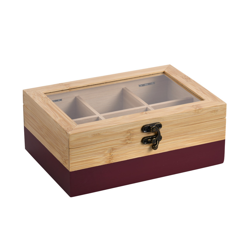 Kesper Theedoos - 6-vaks - donkerrood - bamboe - 21 x 15 x 9 cm - theekist - kunststof kijkvenster -