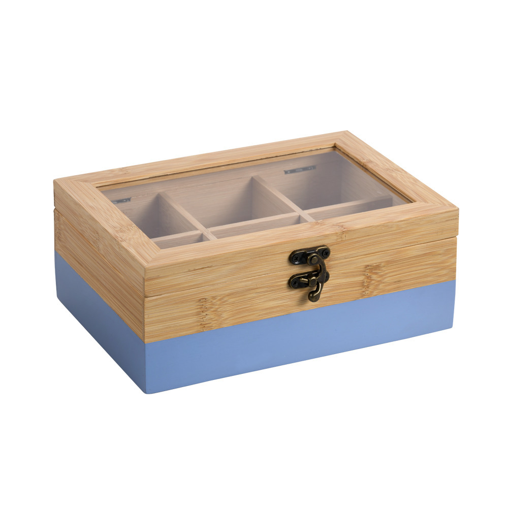 Kesper Theedoos - 6-vaks - lichtblauw - bamboe - 21 x 15 x 9 cm - theekist - kunststof kijkvenster -