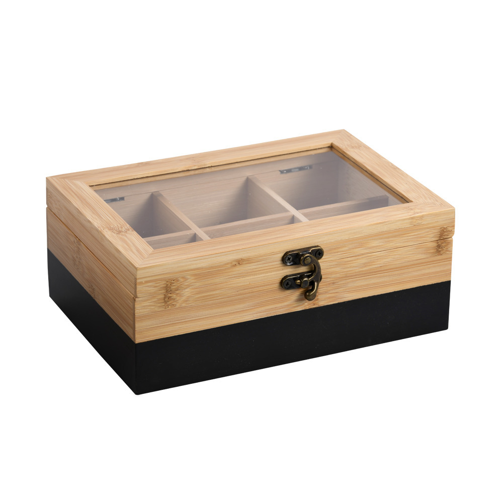 Kesper Theedoos - 6-vaks - zwart - bamboe - 21 x 15 x 9 cm - theekist - kunststof kijkvenster -
