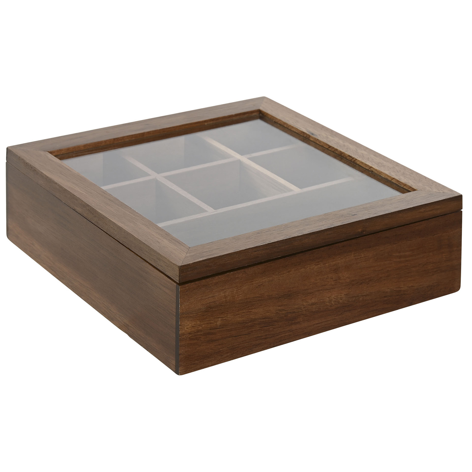 Items Theedoos/opbergdoos Ceylon - 6-vaks - Acacia hout - 20 x 20 x 6.5 cm - met doorzichtige deksel -