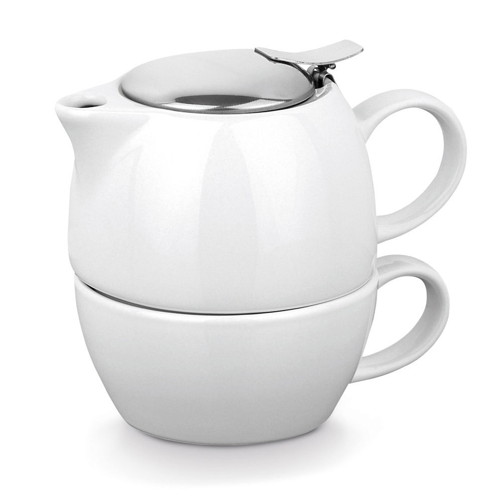 Merkloos Witte theepot met zeef en kopje - keramiek - 430 ml - 13 x 13 cm - Theeset - Theepotje met infuser -