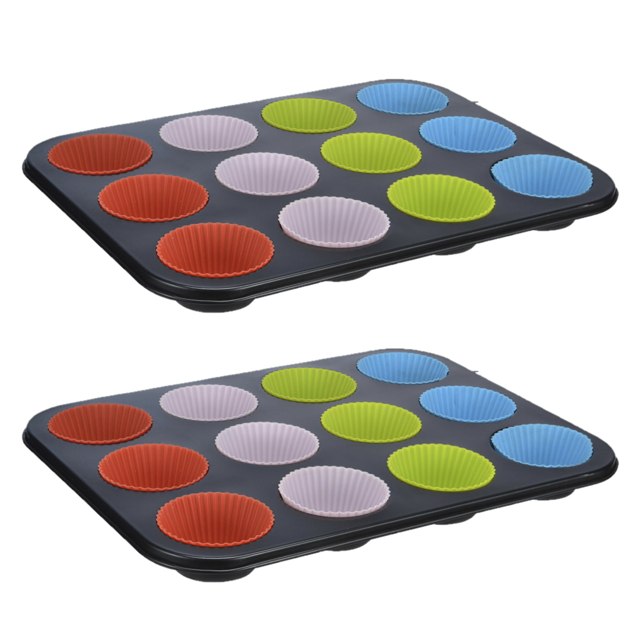 HI Muffin vorm/bakvorm - 2x - zwart - voor 12 muffins - siliconen coating -