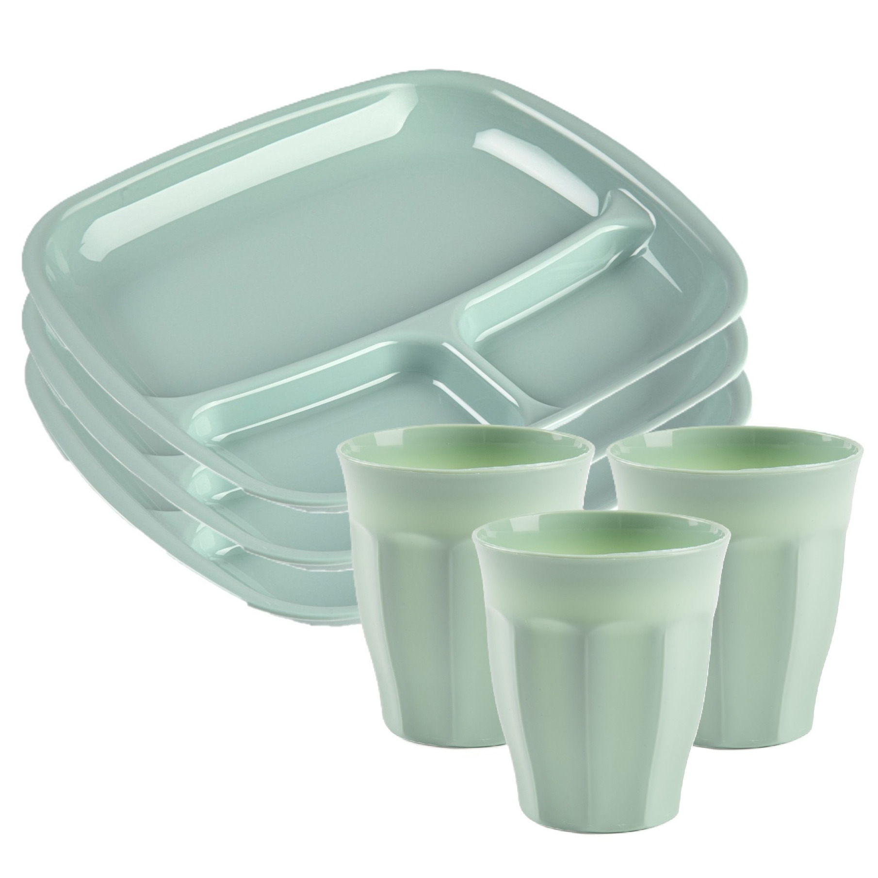PlasticForte Servies van kunststof - 6x vakjesborden en 6x drinkbekers - mintgroen -