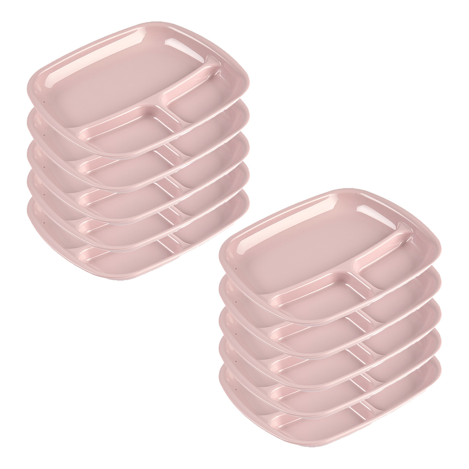 PlasticForte Onbreekbare Camping borden met 3 vaks verdeling - 10x - kunststof - roze - 21 x 24 cm -