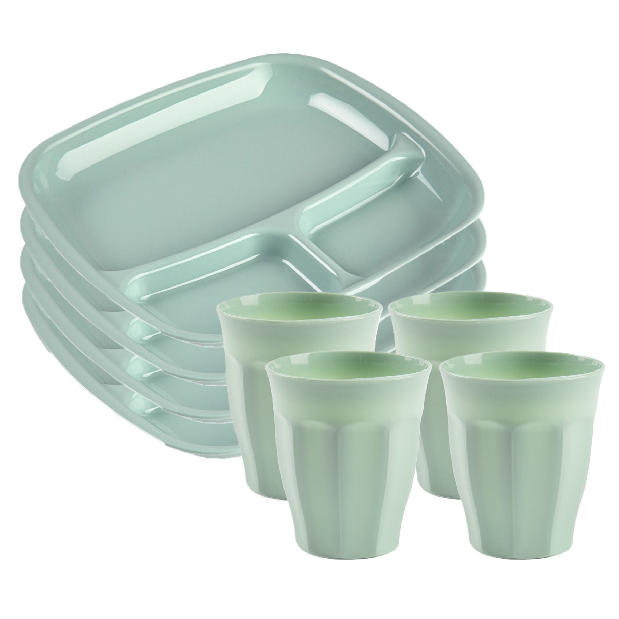 PlasticForte Servies van kunststof - 8x vakjesborden en 8x drinkbekers - mintgroen -