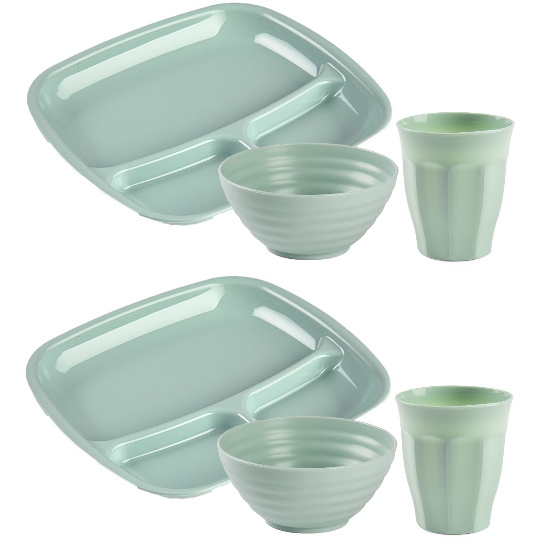 PlasticForte Camping Servies set 18 delig - kunststof - mintgroen - 6x vakjesborden/6x drinkbekers/6x kommetjes -