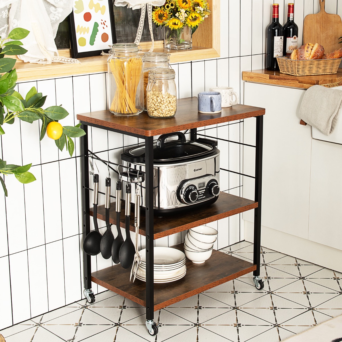 Costway 60 x 40 x 73,5 cm 3-Laags Bakkersrek Keukengerei Serveerwagen met 10 Afneembare Haken Metalen Frames met Vergrendelbare Wielen