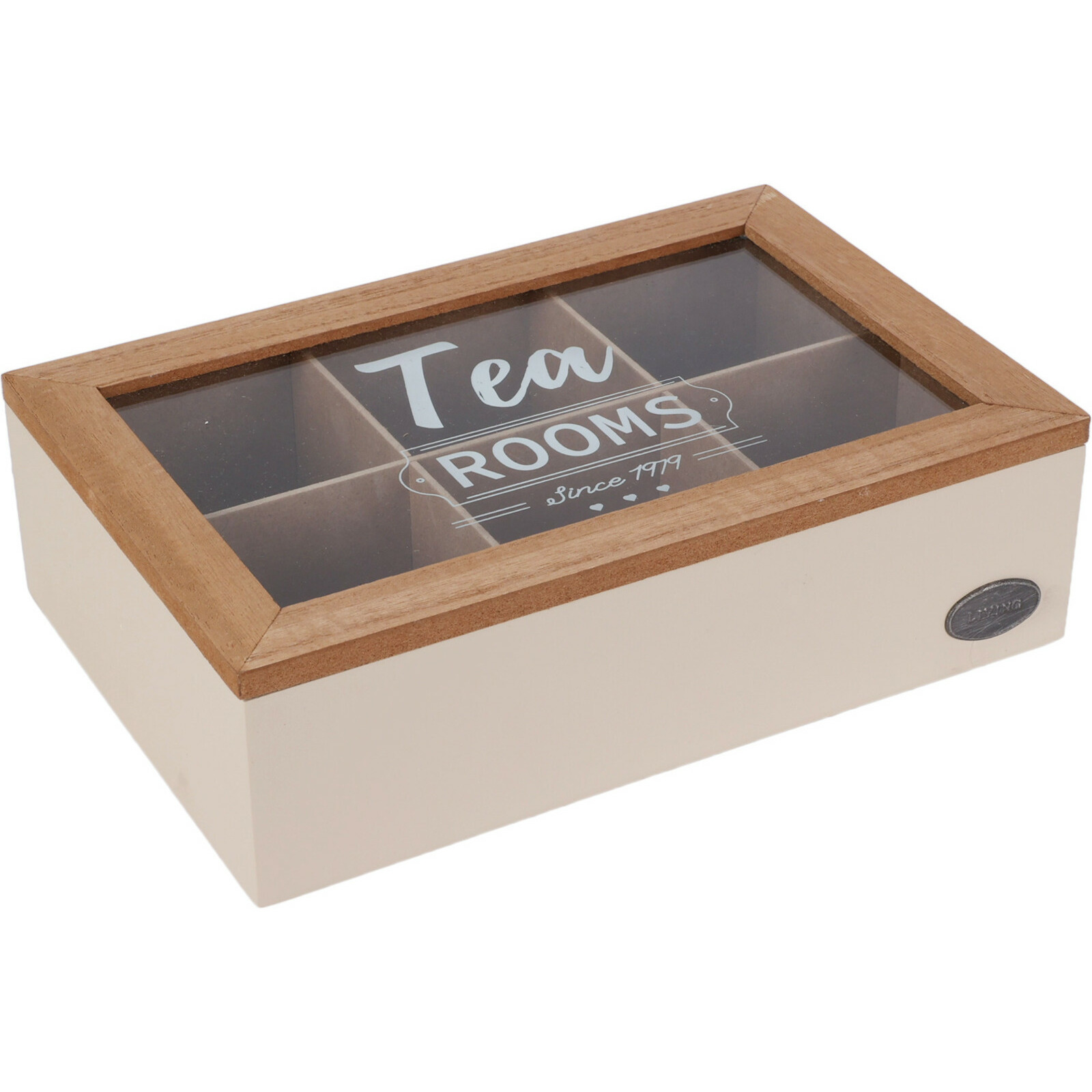 Excellent Houseware Theedoos - 6-vaks - beige/bruin - hout - 24 x 16 x 7 cm - theekist - glazen deksel -