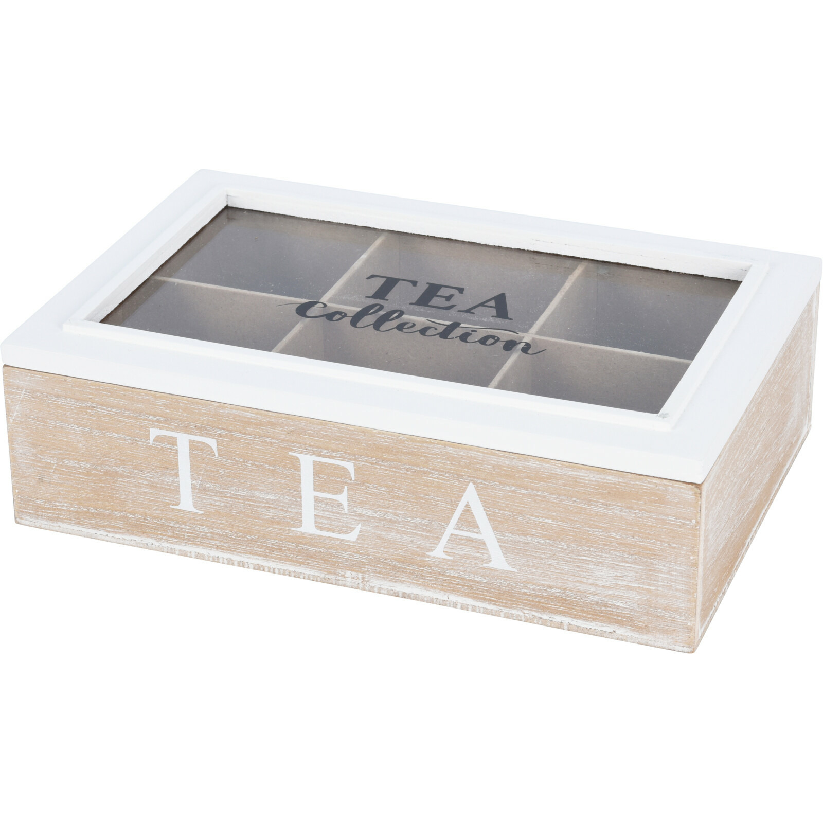 Excellent Houseware Theedoos - 6-vaks - naturel/wit - hout - 24 x 16 x 7 cm - theekist - glazen deksel -