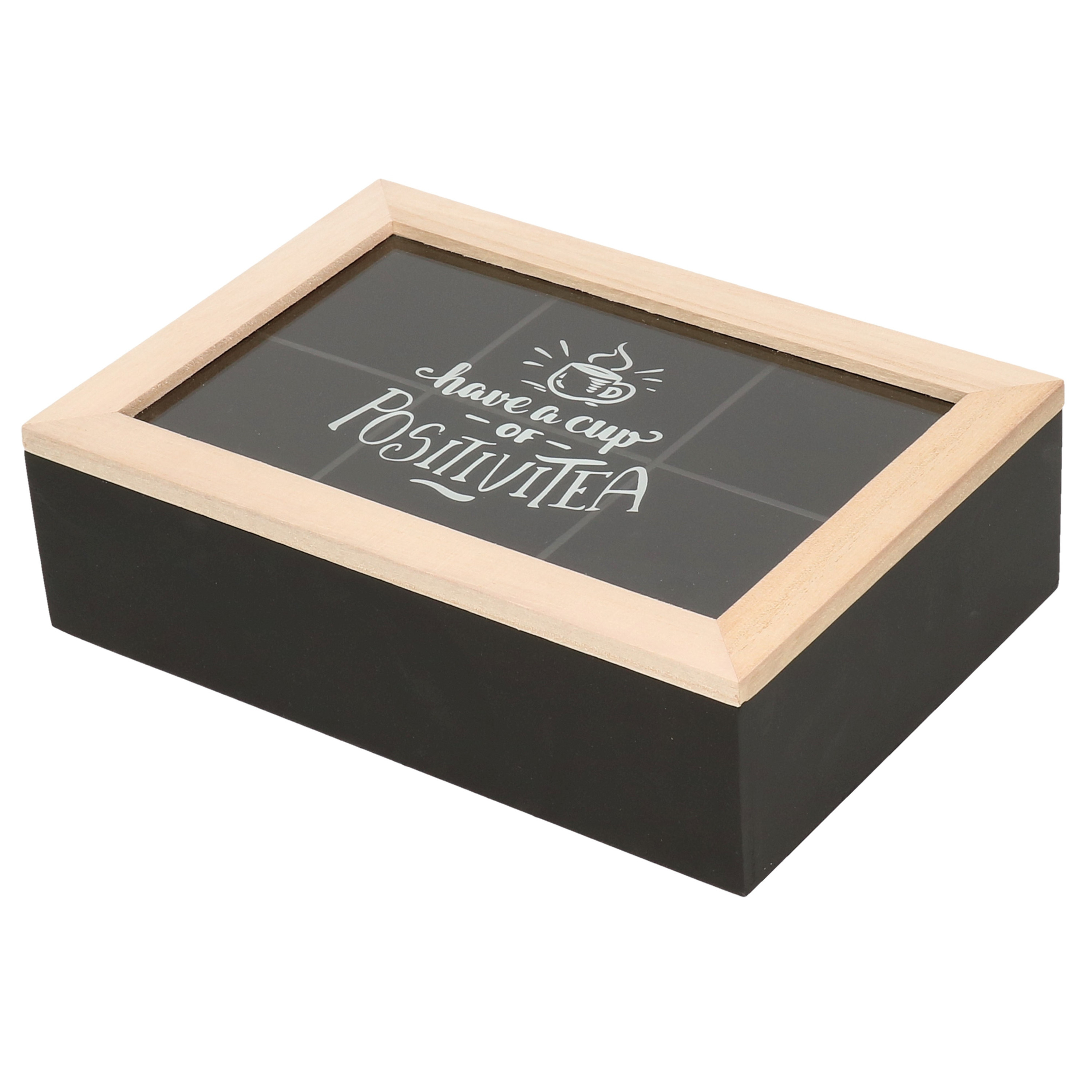 Excellent Houseware Theedoos - zwart/bruin - 6 vakken - 24 x 16 x 7 cm - hout - theekist -