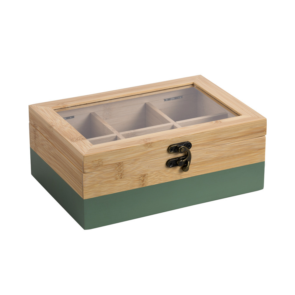 Kesper Theedoos - 6-vaks - groen - bamboe - 21 x 15 x 9 cm - theekist - kunststof kijkvenster -