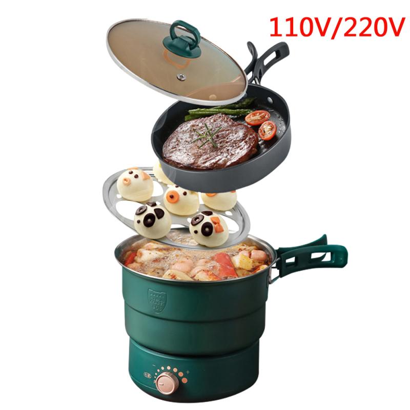 Refreshing Home Elektrische split-kookpot Opvouwbare multicooker Koekenpan Hotpot Steamer Rijstkoker Soepmaker Waterkoker Reizen groen