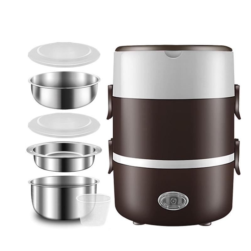 We Satisfied 220V Thuis School Elektrische Verwarming Lunchbox Roestvrij Staal Draagbare Stoom Rijstkoker 200W Voedsel Warmer Container multi-layer 3 Layer Brown