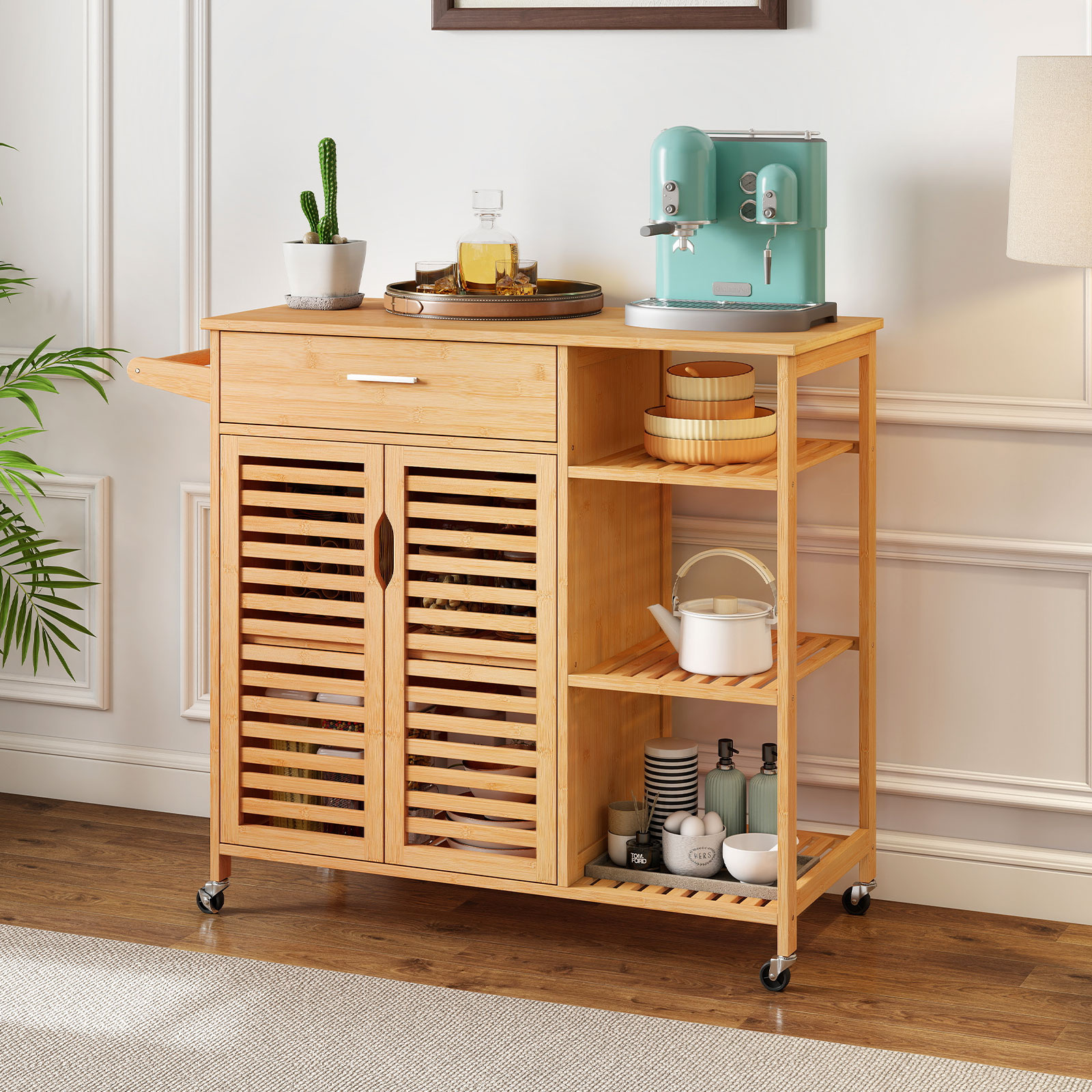 Costway Houten en Bamboe Keukentrolley Keukenkast met Wielen Rolwagen met lade 104 x 40 x 89 cm Natuur