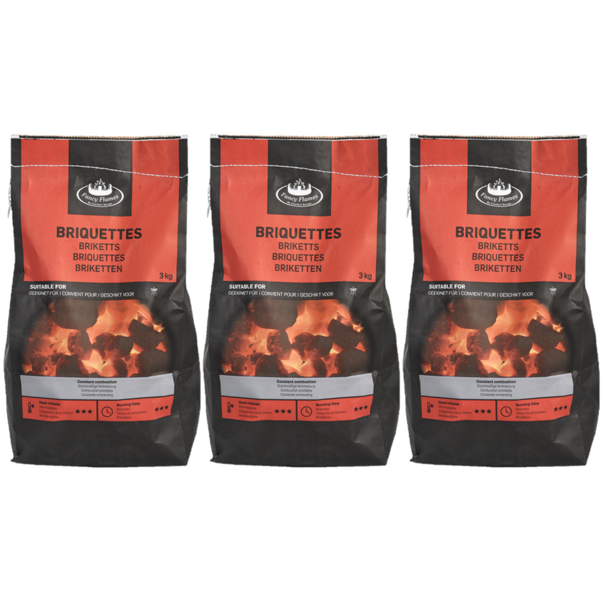 Fancy Flames Barbecue/BBQ Briketten - 3x - 3 kilo - 100% natuurlijk - geschikt voor BBQ -
