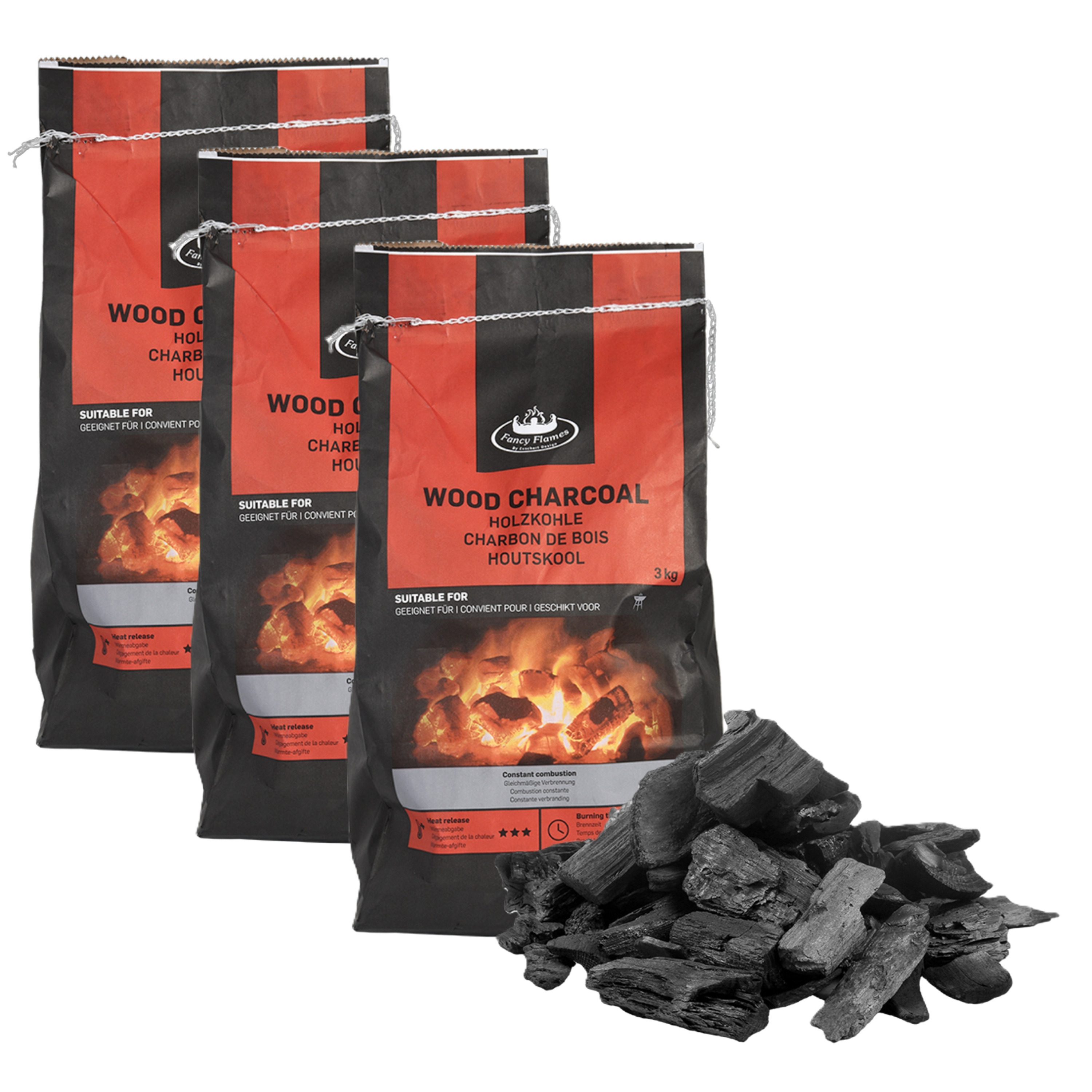 Fancy Flames Barbecue/bbq Houtskool - 3x - 3 kilo - 100% natuurlijk - geschikt voor BBQ -