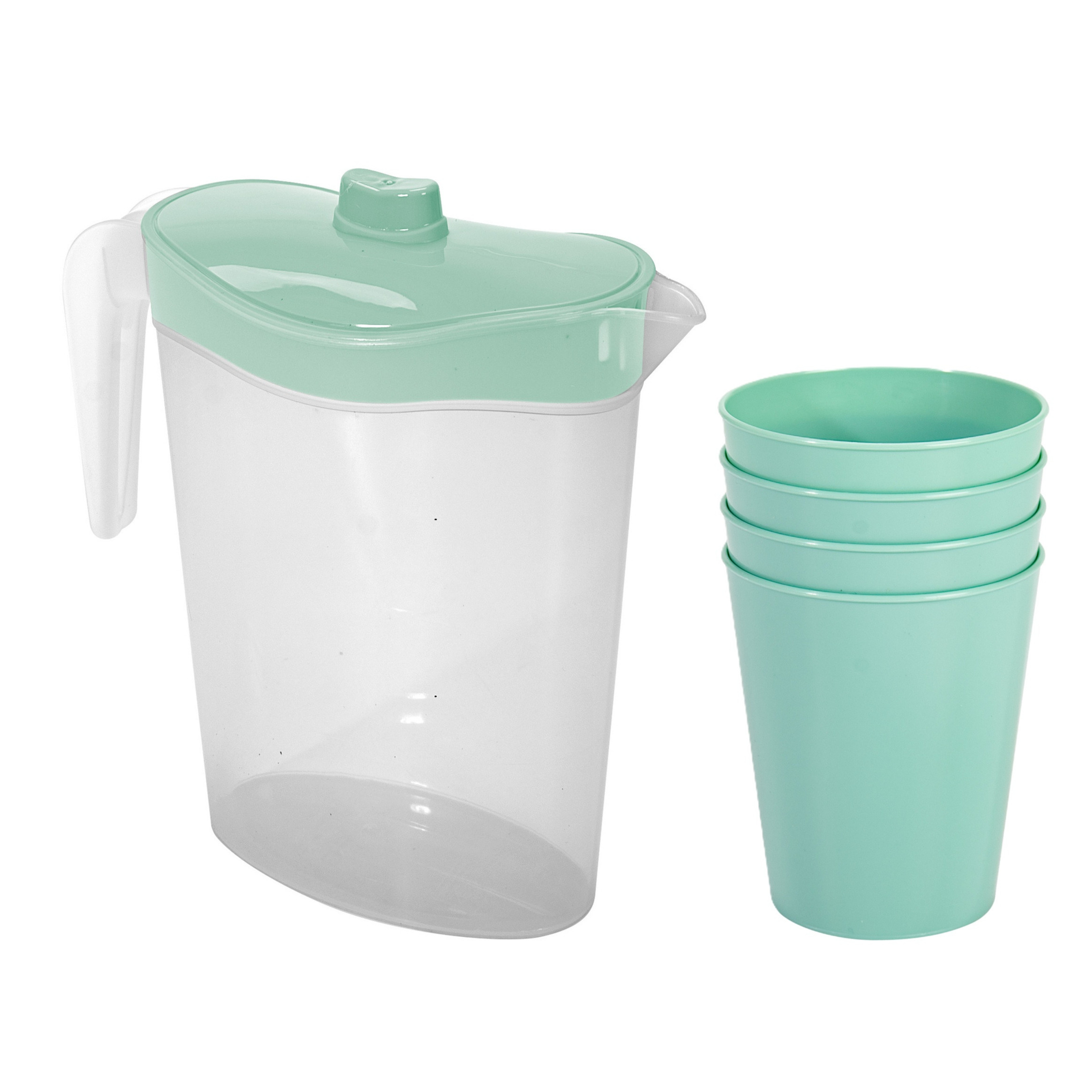 Hega Hogar Waterkan/sapkan met deksel groen - 2,5 liter - kunststof - met 4x stuks kunststof glazen 300 ml -