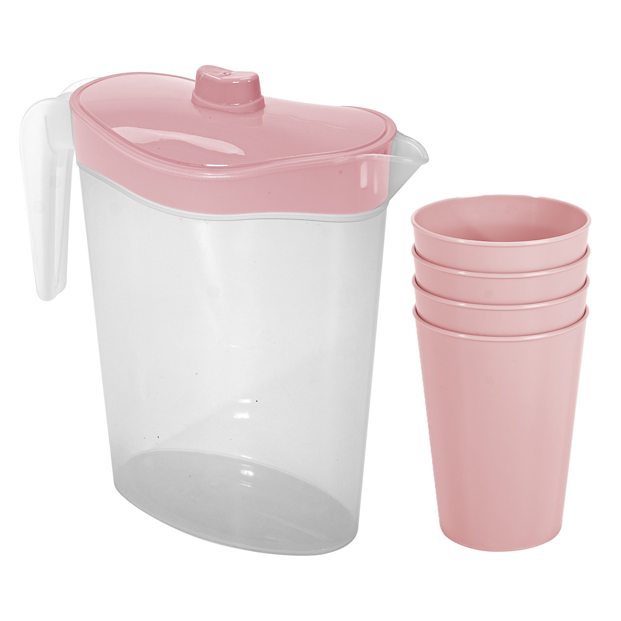 Hega Hogar Waterkan/sapkan met deksel roze - 2,5 liter - kunststof - met 4x stuks kunststof glazen 300 ml -