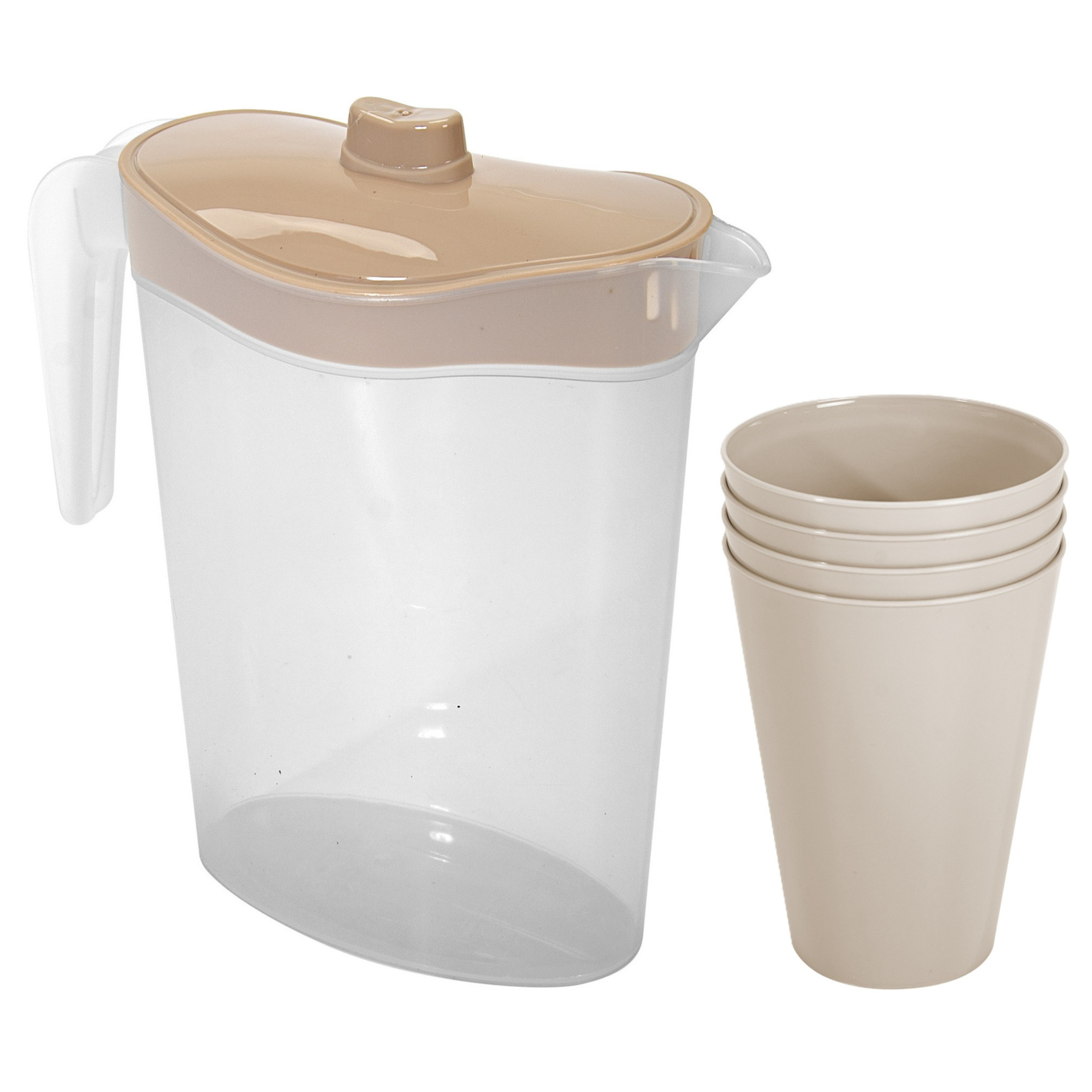 Hega Hogar Waterkan/sapkan met deksel beige - 2,5 liter - kunststof - met 4x stuks kunststof glazen 430 ml -