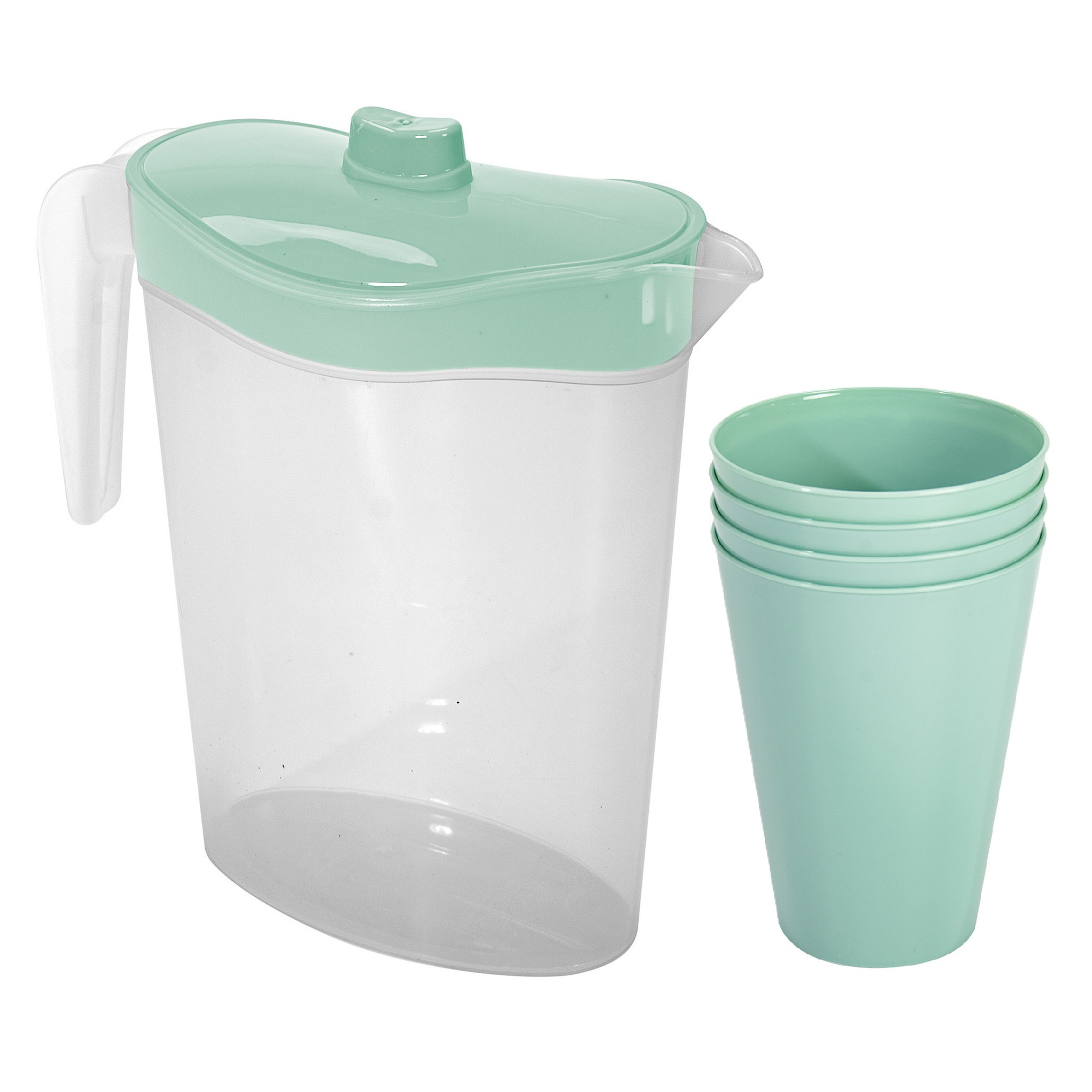 Hega Hogar Waterkan/sapkan met deksel groen - 2,5 liter - kunststof - met 4x stuks kunststof glazen 430 ml -