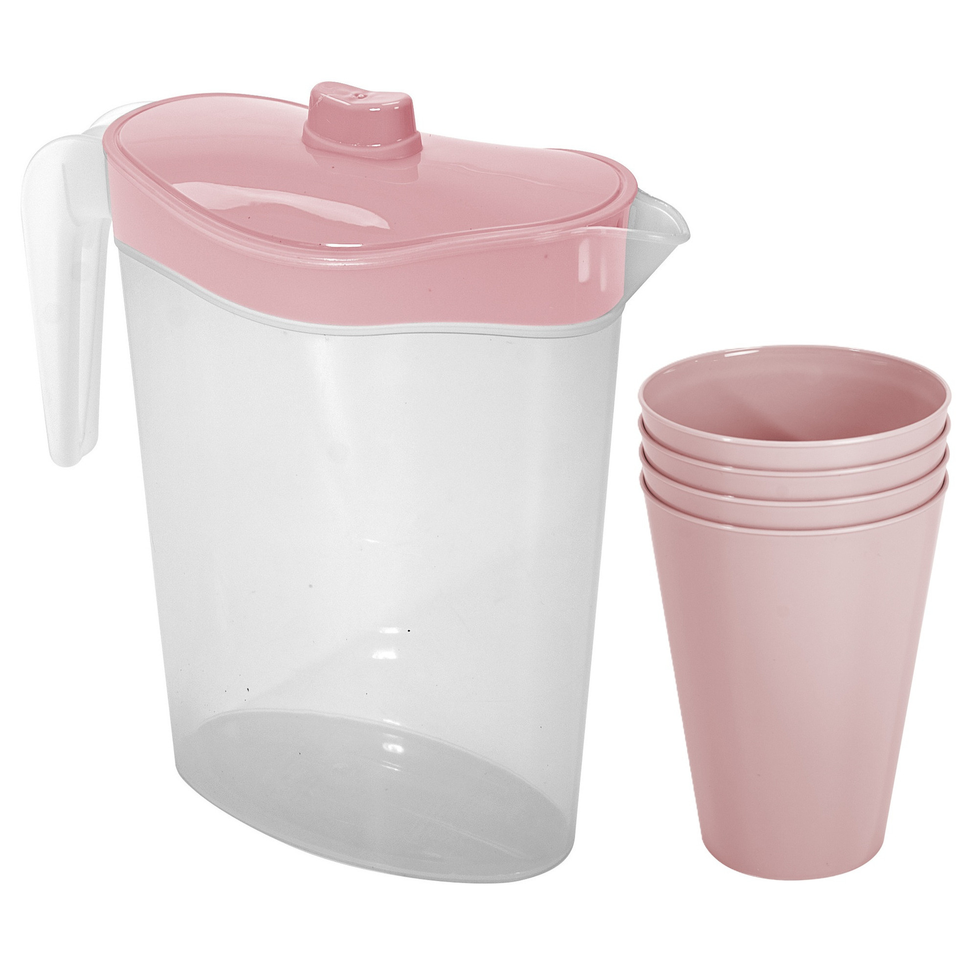Hega Hogar Waterkan/sapkan met deksel roze - 2,5 liter - kunststof - met 4x stuks kunststof glazen 430 ml -